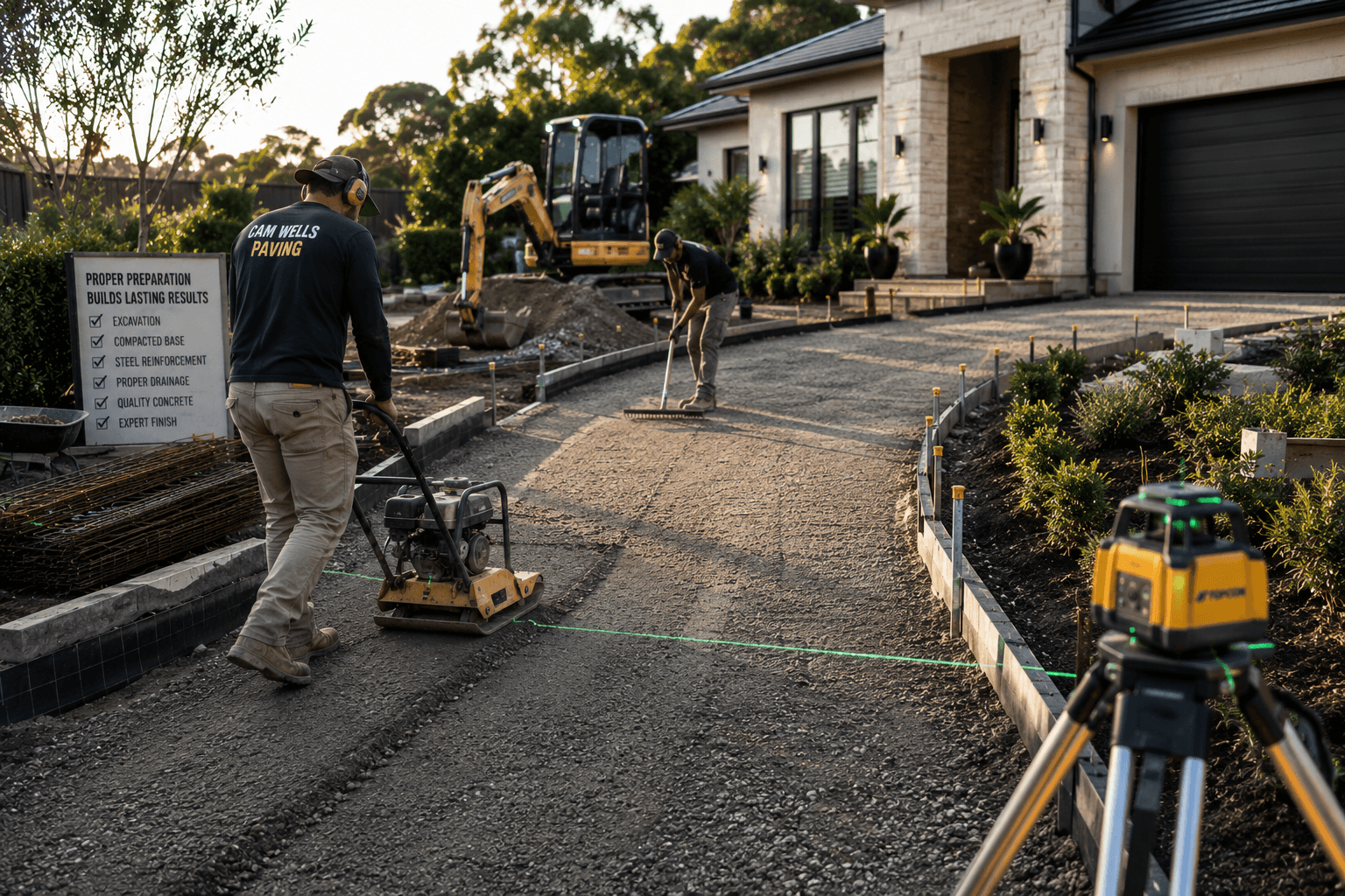 Reinforced base being prepared for a concrete driveway