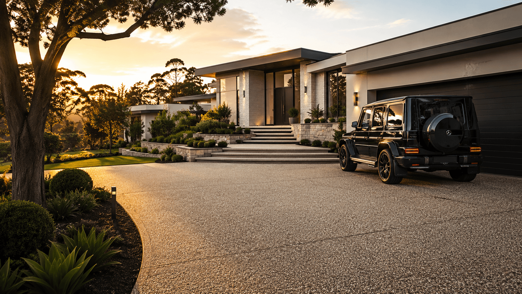 Premium exposed aggregate driveway leading to a modern Melbourne home at golden hour